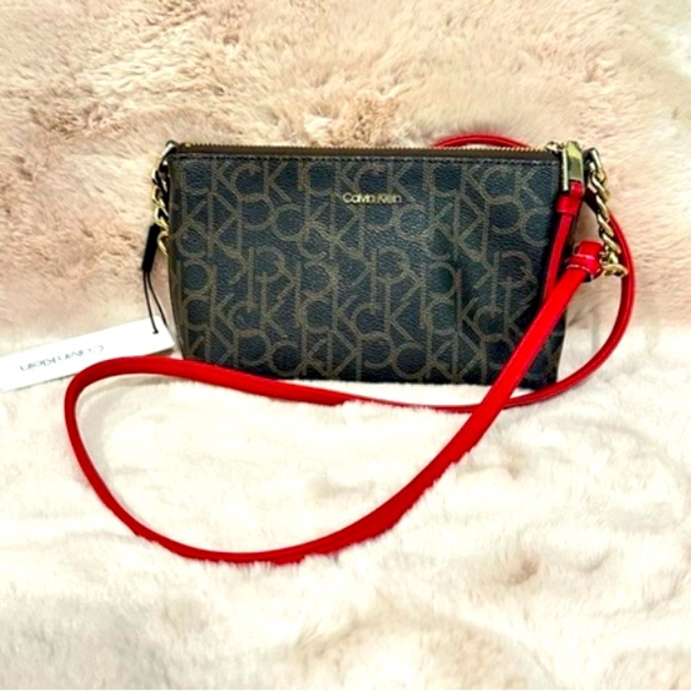 Calvin Klein Monogram Logo Crossbody Bag Brown And Red Straps - Women